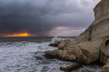 Stormy  weather in the evening at sunset on the Mediterranean coast near Rosh HaNikra in Israel