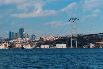 Landscape on the big bridge in Istanbul over the Bosphorus Bay. The bridge connects Europe and Asia, Istanbul, Turkey.