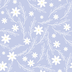 Floral seamless pattern. White daisies or daisies on a blue background. Endless pattern for textiles and fabrics, wrapping paper, packaging. Vector image. Flat style.