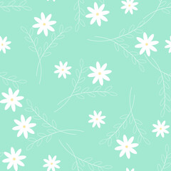 Floral seamless pattern. White daisies or daisies on a green background. Endless pattern for textiles and fabrics, wrapping paper, packaging. Vector image. Flat style.