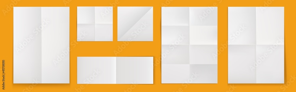 Poster folded blank posters, white paper sheets with crossing creases top view. vector realistic template o