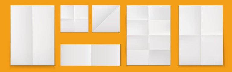Fototapeta na wymiar Folded blank posters, white paper sheets with crossing creases top view. Vector realistic template of empty wrinkled leaflet, flyer, document pages with folds isolated on yellow background