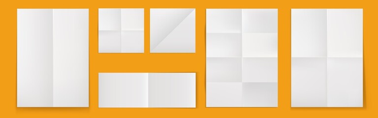 Folded blank posters, white paper sheets with crossing creases top view. Vector realistic template of empty wrinkled leaflet, flyer, document pages with folds isolated on yellow background