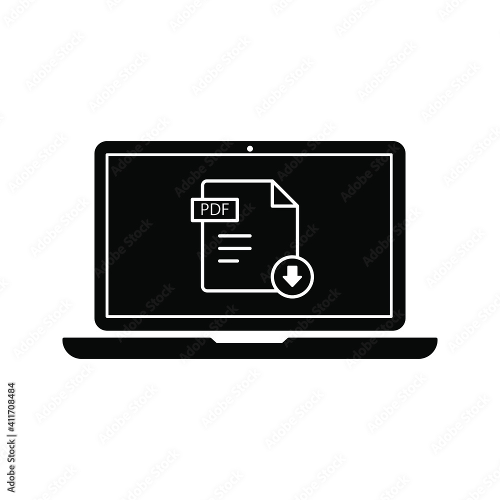 Wall mural download pdf button on laptop screen. downloading document concept. file with pdf label and down arr
