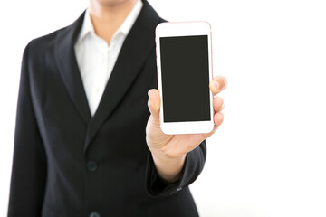 White collars in suits show others their smart phones with black screen