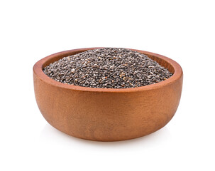 Chia seeds in wooden bowl isolated on white background.