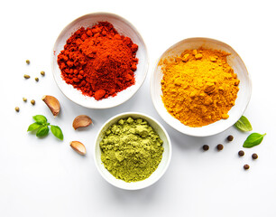 Various spices isolated on white background, top view