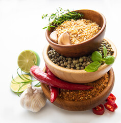 Various spices isolated on white background, top view