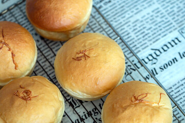 Golden egg yolk threads recipe on bread.Foi thong bread Thai Dessert.