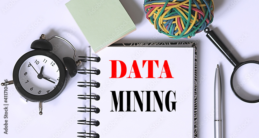 Poster data mining conceptual background with office tools on white background