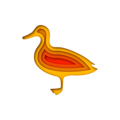 Duck animal shape in 3D paper cut style. Layered papercut illustration of water bird. Colorful cutout on isolated background. Farm concept, poultry food, zoo design.