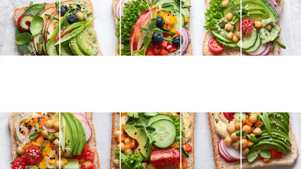 Collage of vegan sandwiches. Vegetarian healthy food concept.