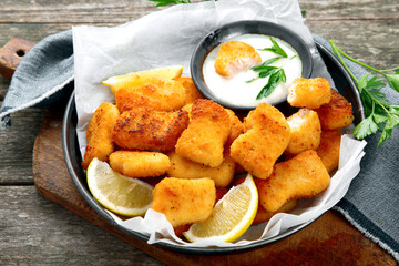 Fried crispy chicken nuggets with sauce on wooden board