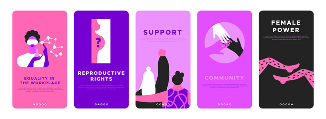 Feminist vertical banner template set for women rights or international social issues event on March 8. Pink flat illustration of girl friends together, diverse hands, scientist worker and more.