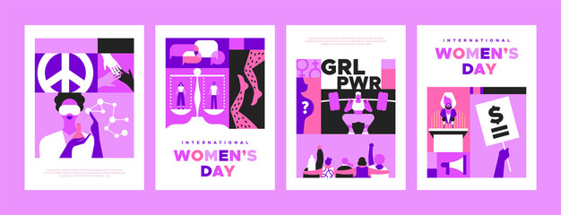 International Women’s Day banner template set for women rights or feminist social issues event on March 8. Pink mosaic illustration girl friend group together, equal pay protest sign and more.
