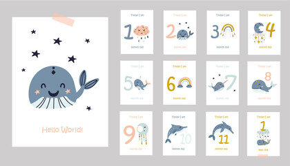 Fototapeta premium Monthly baby cards with cute whales.