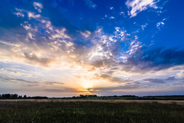 landscape with sunrise and sun on a cloudy blue sky over the field in summer