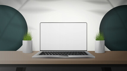 White room with wooden table and laptop. Laptop with a white screen. Shadows from the leaves. Vector illustration, realistic style.