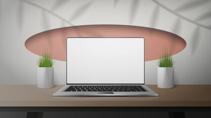 White room with wooden table and laptop. Laptop with a white screen. Shadows from the leaves. Vector illustration, realistic style.