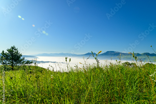 雲海最高に美しい晴天空を背景に阿蘇山 阿蘇五岳 雲海高山植物風景年8月日本 熊本県阿蘇市 画質100 解像度350dpi Sea Of Clouds Mt Aso Aso Godake