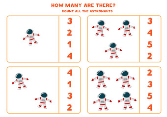 Counting game with cartoon astronauts. Math worksheet.
