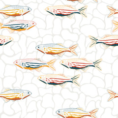 Vector hand drawn sea fishes sardines l seamless pattern print background.