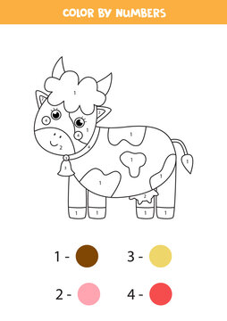 Color cute cow by numbers. Farm animal worksheet.
