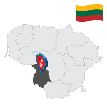 Location Marijampole County on map Lithuania. 3d location sign similar to the flag of Marijampole County. Quality map  with  counties of Lithuania for your design. EPS10.