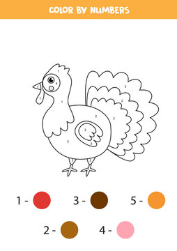 Color cute turkey by numbers. Farm animal worksheet.