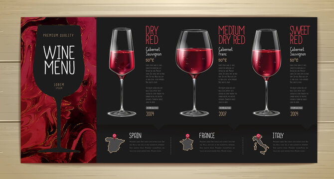 Wine menu design with alcohol ink texture. Marble texture background. Set of wine glasses