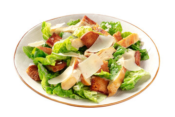 Caesar salad with grilled chicken meat, romaine leaves and Parmesan cheese, isolated on a white background with a clipping path