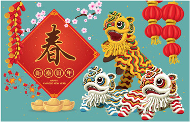 Obraz premium Vintage Chinese new year poster design with lion dance. Chinese wording meanings: Happy Lunar Year, spring