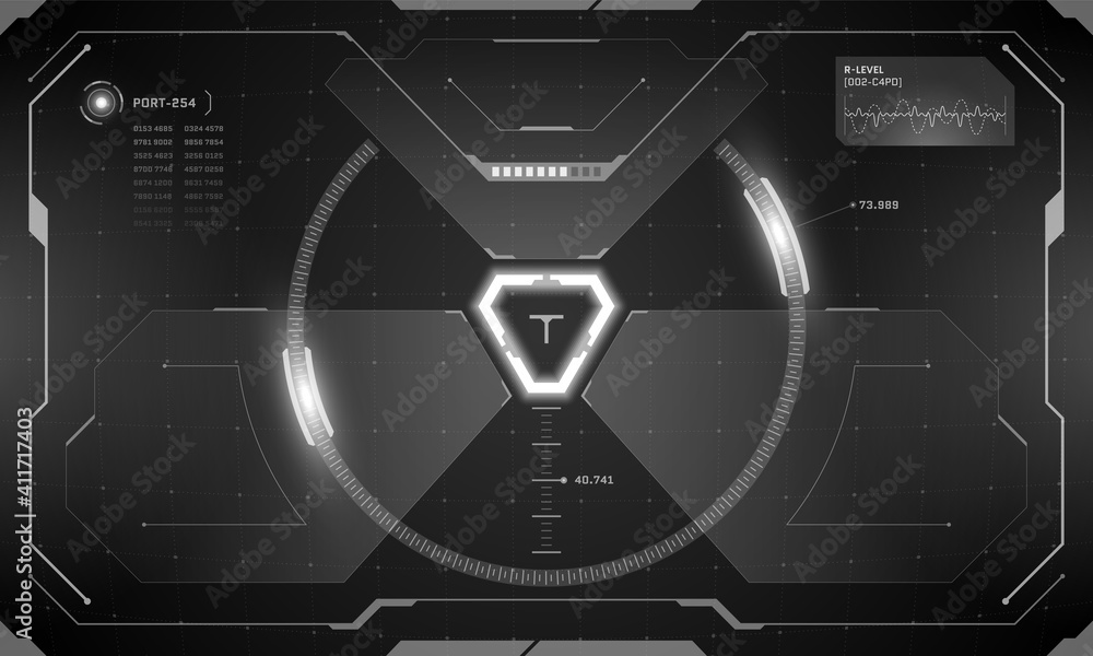 Poster vr hud futuristic interface cyberpunk control panel screen black design. sci-fi virtual reality targ