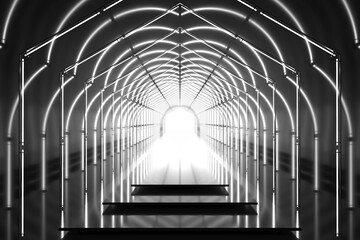 Dark hexagonal tunnel glossy podium. Abstract background. Light reflection stage. Geometric neon lights. 3D illustration