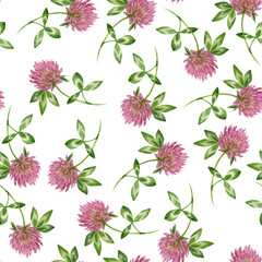 Seamless pattern with watercolor flowers of red clover
