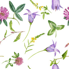 Seamless pattern with watercolor flowers and plants