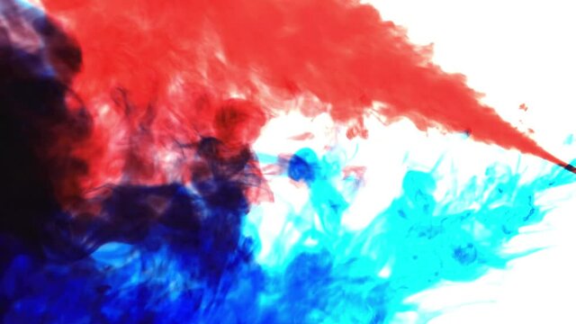 Ink cloud overlay. Color blast. blue , red smoke motion on white background for video editing. High quality 4k footage