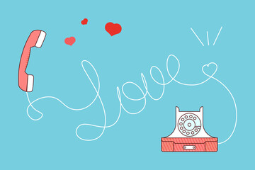 Happy Valentines day greeting card. Red vintage phone with hearts and love quote on blue background illustration. Flat Art Vector illustration