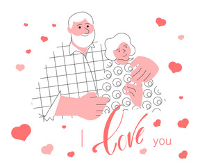 Happy Elderly Couple In Love vector illustration. I love you valentine card. Grandparents with red hearts on white background. Flat Art Vector illustration
