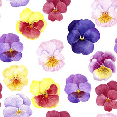 seamless pattern with pansy flowers drawing by watercolor
