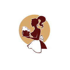 beautyful woman waistress holding a beer silhouette, for, logo, label, emblem