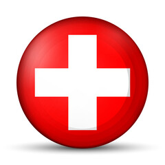 Glass light ball with flag of Switzerland. Round sphere, template icon. Swiss national symbol. Glossy realistic ball, 3D abstract vector illustration highlighted on a white background. Big bubble.