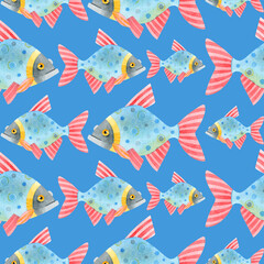 Watercolor seamless pattern of colorful fish. Cute funny carp fish (karps, crucians). Hand drawn texture of an ornament on a blue background. Ideal for textiles, packaging, wallpaper, websites, cards.