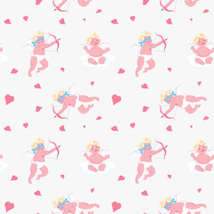 Seamless pattern with Playful Cupid sleeping on cloud, aim an arrow from archery, sprinkles with hearts. Symbol of love for Valentines day fabric, textile, wrapping paper Flat Art Vector illustration