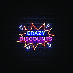 Crazy discount neon sign vector. 