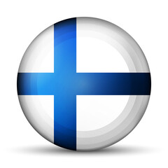 Obraz premium Glass light ball with flag of Finland. Round sphere, template icon. Finnish national symbol. Glossy realistic ball, 3D abstract vector illustration highlighted on a white background. Big bubble.