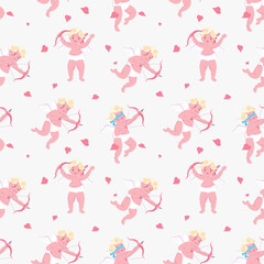 Fototapeta premium Seamless pattern with Playful Cupid sleeping on cloud, aim an arrow from archery, sprinkles with hearts. Symbol of love for Valentines day fabric, textile, wrapping paper Flat Art Vector illustration