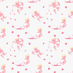 Seamless pattern with Playful Cupid sleeping on cloud, aim an arrow from archery, sprinkles with hearts. Symbol of love for Valentines day fabric, textile, wrapping paper Flat Art Vector illustration