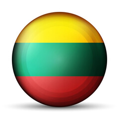 Glass light ball with flag of Lithuania. Round sphere, template icon. Lithuanian national symbol. Glossy realistic ball, 3D abstract vector illustration highlighted on a white background. Big bubble.