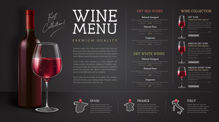 Wine restaurant menu design with realistic wine glasses and bottles. Chalk background © annbozhko